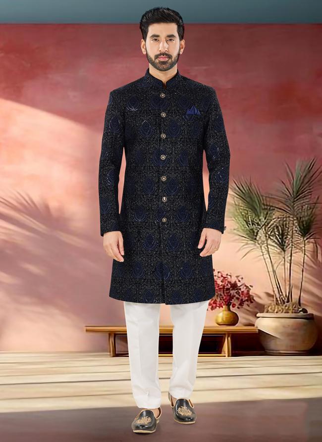 Velvet Black Wedding Wear Embroidery Work Readymade Sherwani